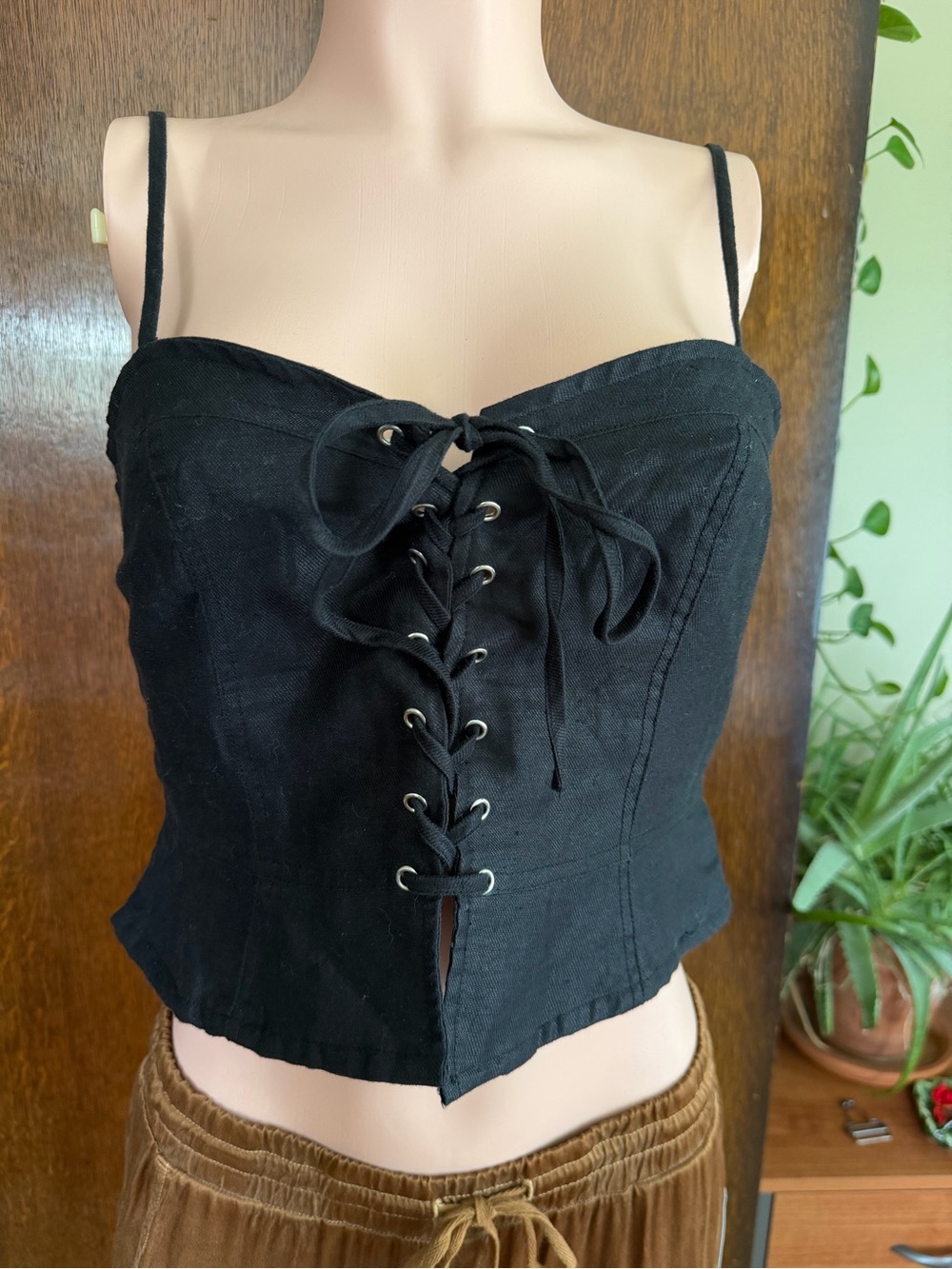 NWT Forever 21 Black Lace Up Bustier Corset Crop Top - Linen/Cotton, fully lined